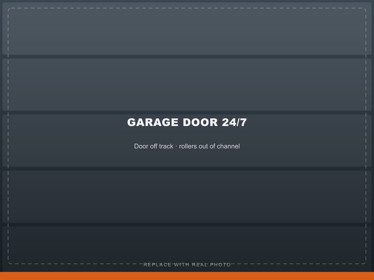 Garage door off its track with the rollers out of the channel